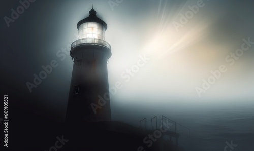  a lighthouse in the fog with a light shining on it. generative ai
