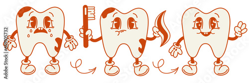 Cute tooth characters in flat style.from unhealthy teeth to healthy.Concept of dentistry and stomatology.