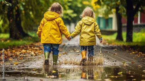 The children are walking in the puddles. Generative AI