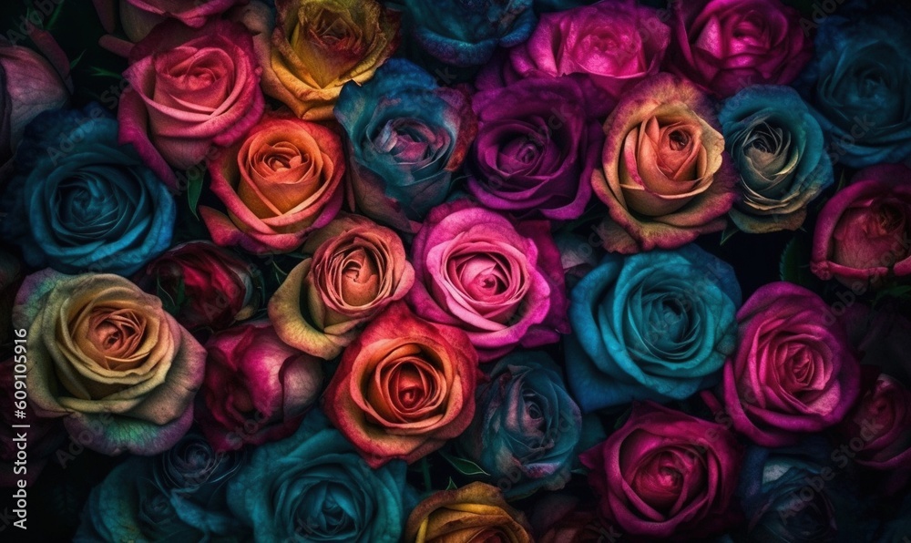  a bunch of multicolored roses that are very colorful.  generative ai