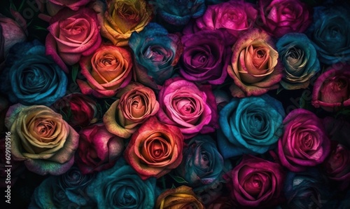  a bunch of multicolored roses that are very colorful. generative ai