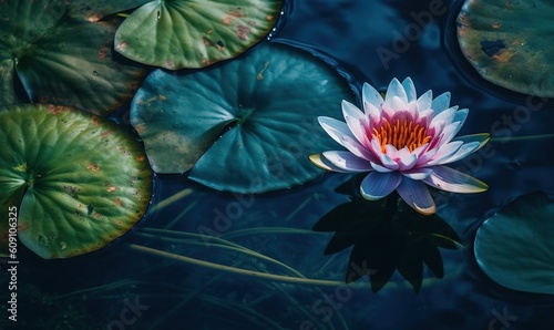  a pink and white water lily floating on top of green leaves.  generative ai