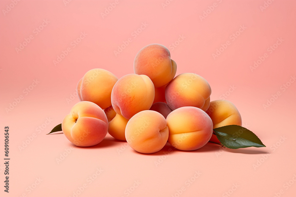 sweet and juicy apricots with leaves isolated on a pink background, created with generative ai sweet and juicy apricots with leaves isolated on a pink background, created with generative ai