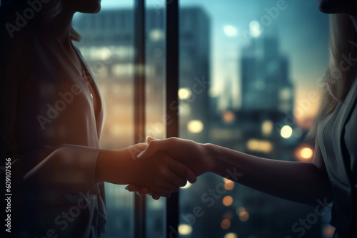 Business and financial concept. Two businesswomen handshake in cityscape background. Generative AI