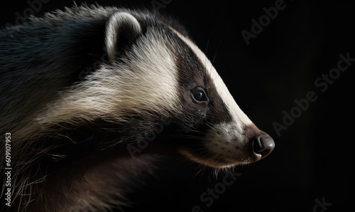  a close up of a badger on a black background with a blurry background.  generative ai © Anna