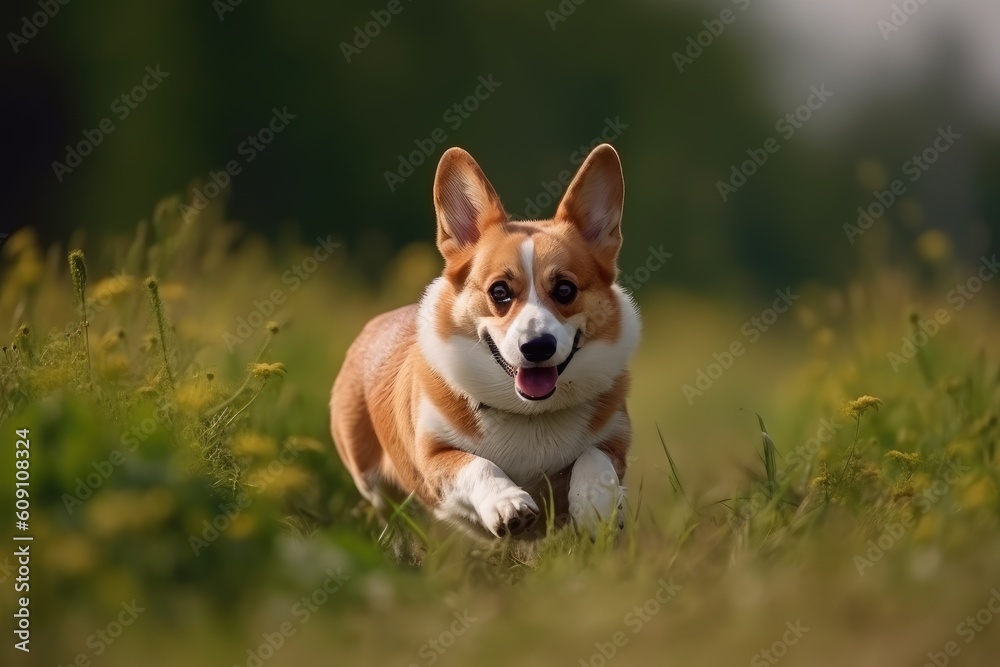 Welsh Corgi Pembroke dog running in the meadow AI Generated