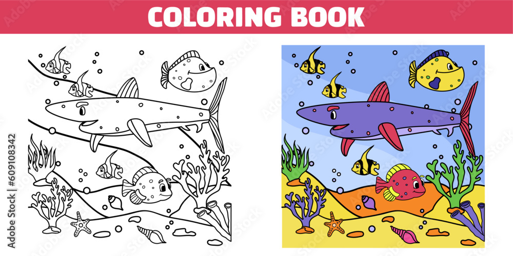 Children's coloring book with the underwater world, sharks, fish and corals. Vector stock illustration. Entertainment for kids. Seal. Cartoon