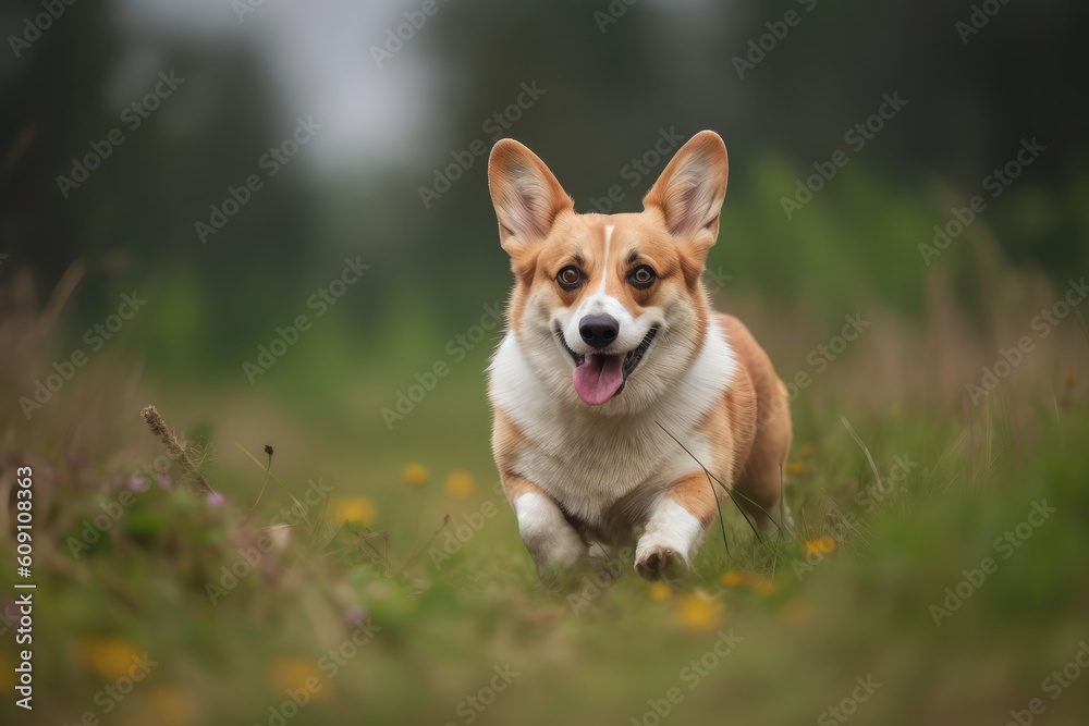 Welsh corgi dog running in the field. Selective focus on the dog AI Generated Welsh corgi dog running in the field. Selective focus on the dog AI Generated
