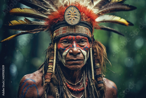 Portrait of indigenous tribe man. Traditional Indian with painted faces. Native american people. Created with Generative AI