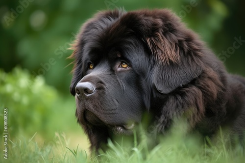 Adorable Newfoundland dog outdoors in nature on a sunny summer day. AI Generated photo