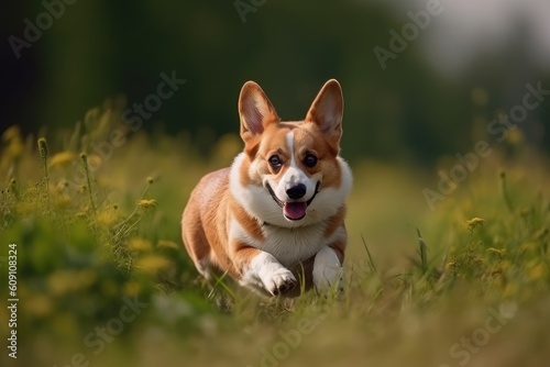 Welsh Corgi Pembroke dog running in the meadow AI Generated