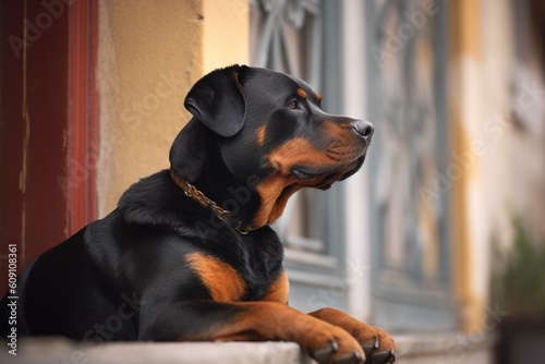 Portrait of a young rottweiler dog. Selective focus. AI Generated
