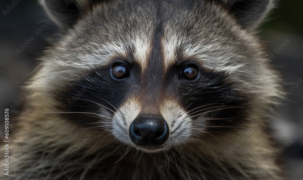  a raccoon looking at the camera with a blurry background.  generative ai