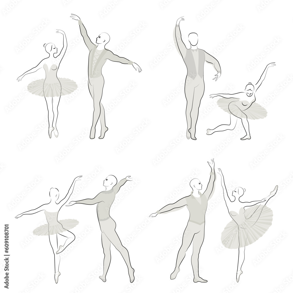 Collection. Silhouette of a ballet actor. The woman and the man have beautiful slender figures. Girl ballerina and boyfriend dancer. Vector illustration set. Collection. Silhouette of a ballet actor. The woman and the man have beautiful slender figures. Girl ballerina and boyfriend dancer. Vector illustration set.