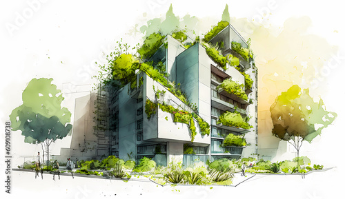 Building sketch, biophilic architecture concept. Ai generated model of residential building with greenery 
