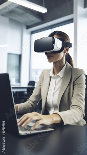 Generative AI Business woman using virtual reality simulator at laptop © Sergey