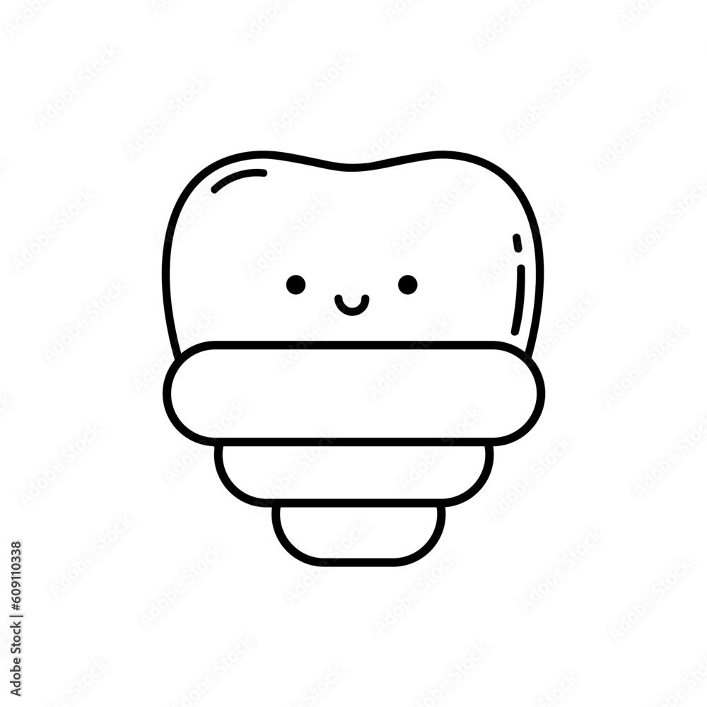 Cute cartoon tooth implant. Funny tooth character with implant. Children's symbol. Vector illustration for pediatric dentistry in linear style. The symbol of tooth restoration. A dental implant Cute cartoon tooth implant. Funny tooth character with implant. Children's symbol. Vector illustration for pediatric dentistry in linear style. The symbol of tooth restoration. A dental implant