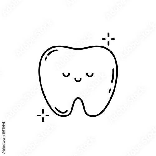Healthy glowing tooth icon. Sparkling clean tooth sign. Cavitiy free white teeth symbol. Thin line icon on white background. Cute healthy tooth character. Teeth brushing concept. Vector illustration