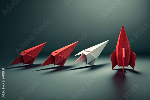 ai generated Illustration red paper flying front of other paper plane leadership concept