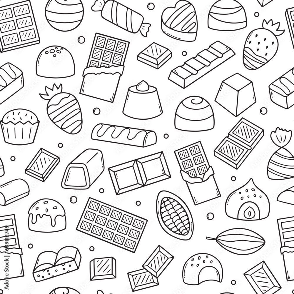 Seamless pattern of chocolate doodle set.  Different kinds of chocolate. Cocoa bean, chocolate candies, chocolate bar in sketch style. Hand drawn vector illustration