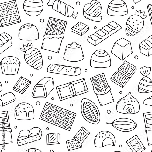 Seamless pattern of chocolate doodle set.  Different kinds of chocolate. Cocoa bean, chocolate candies, chocolate bar in sketch style. Hand drawn vector illustration