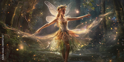 Dancing fairy in an enchanted magical forest