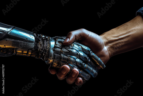 Futuristic robot handshake with a human.AI generated.