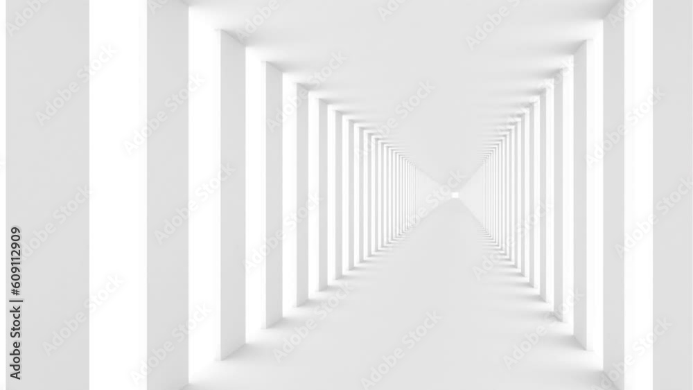 Futuristic empty white corridor with rectangular walls and bright light. Seamless looping animation	