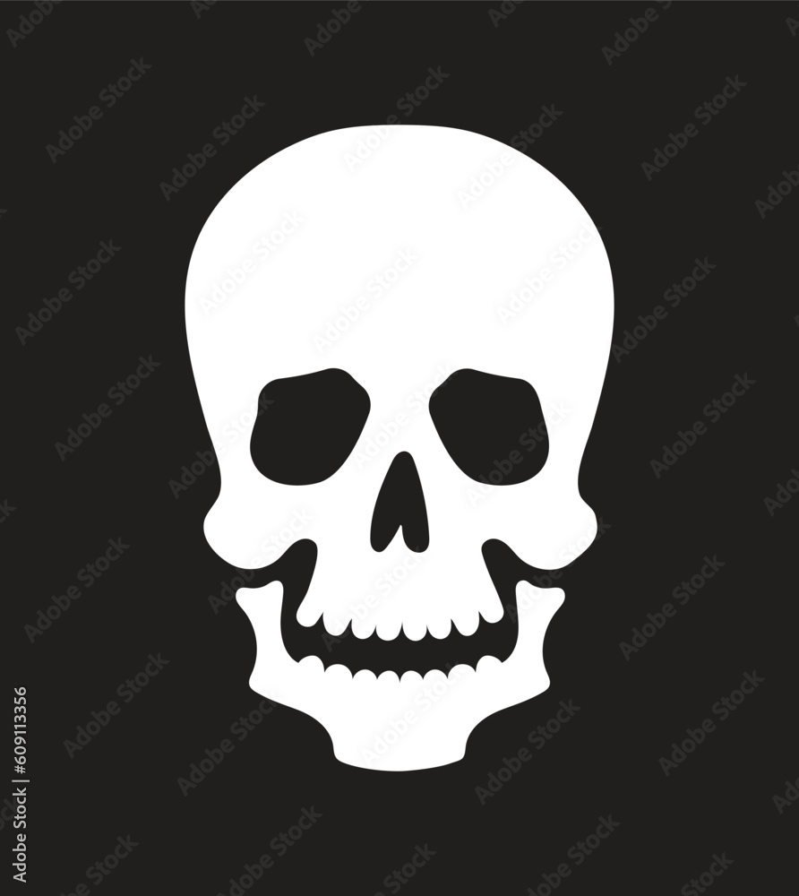 White skull silhouette isolated on black. Design element. Vector illustration. Fine template for stickers, posters, cards, clothes, etc.