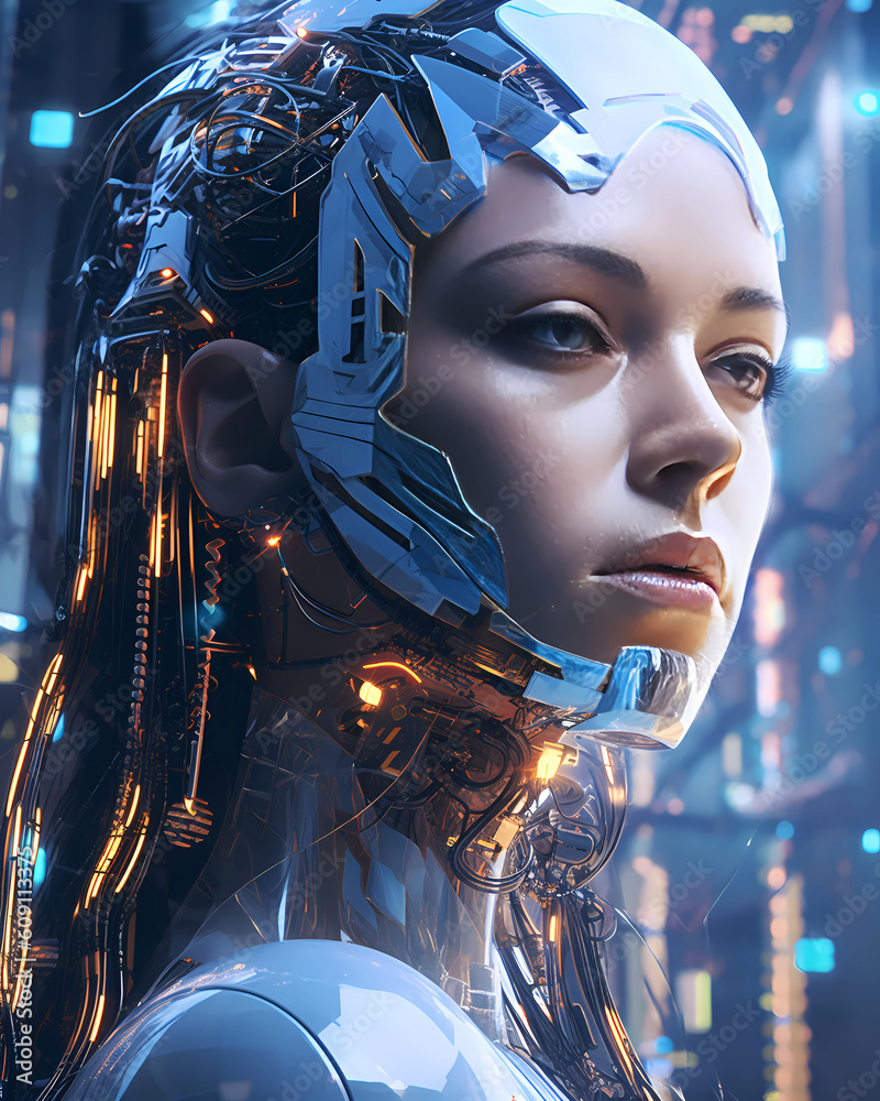 a robot woman woman face on a modern technologic environment - Artificial intelligence concept illustration. Generative AI a robot woman woman face on a modern technologic environment - Artificial intelligence concept illustration. Generative AI
