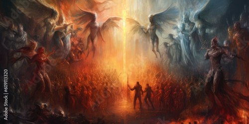 heaven and hell with many lost souls, angels fight, background image
