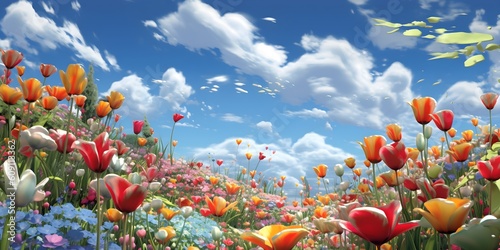 Field with wildflowers and blue sky, AI generated