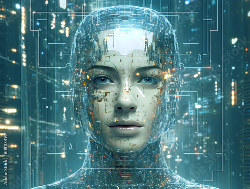 a robot woman woman face  on a modern technologic environment - Artificial intelligence concept illustration. Generative AI