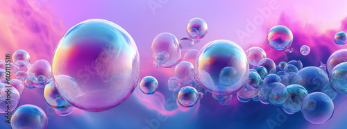 abstract pastel pink blue background with iridescent magical air bubbles, wallpaper with glass balls or water drops. Generative AI