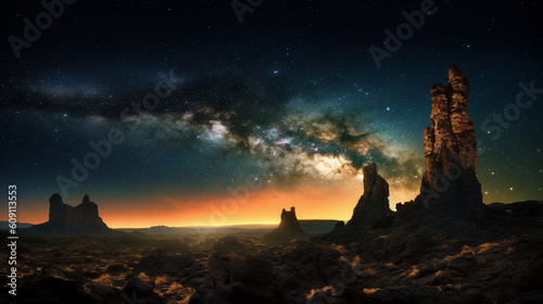 At dusk, a majestic view of a galaxy hangs in the sky over a desert canyon landscape, Generative AI