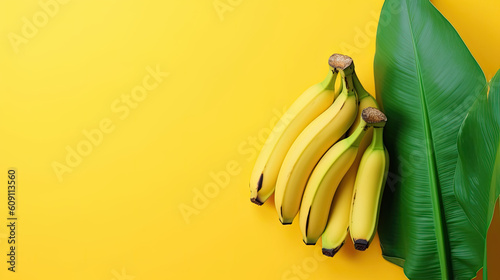 Bananen mit einem Bananenblättern auf gelben Hintergrund. Minimalistisches Sommerkonzept. Vintagestil (Generative AI)