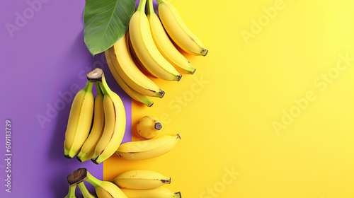 Bananen mit Bananenblatt auf farbig geteiltem pink-gelbem Hintergrund. Minimalistisches Sommerkonzept. Farbenfrohe Sommerfarben. Vintagestil (Generative AI)