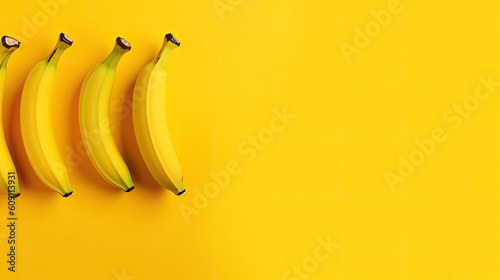 Bananen in Reihe liegend auf gelbem Hintergrund mit Textfreiraum. Minimalistisches Sommerkonzept. Vintagestil (Generative AI)
