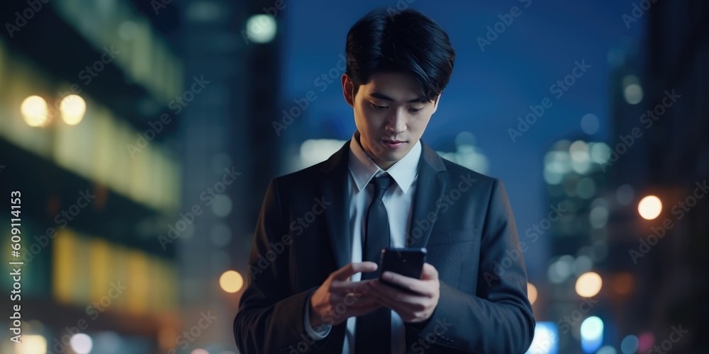 Asian Businessman Using Smartphone Walking Through Night City Street Full of Neon Light. Smiling Stylish Man Using Mobile Phone, Social Media, Online Shopping, Texting on Dating App, generative ai Asian Businessman Using Smartphone Walking Through Night City Street Full of Neon Light. Smiling Stylish Man Using Mobile Phone, Social Media, Online Shopping, Texting on Dating App, generative ai