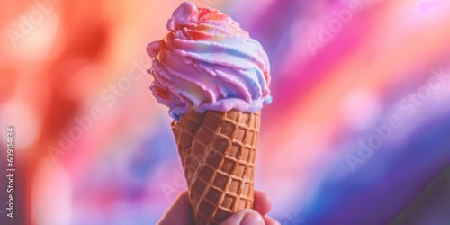 Woman hand holding ice cream cone on rainbow pastel color background, Copy space, generative ai