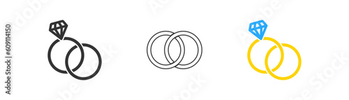 Rings icon on light background. Engagement symbol. Marriage, wedding, gold, propose, love, jewelery. Outline, flat and colored style. Flat design. Vector illustration