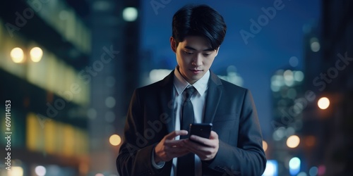 Asian Businessman Using Smartphone Walking Through Night City Street Full of Neon Light. Smiling Stylish Man Using Mobile Phone, Social Media, Online Shopping, Texting on Dating App, generative ai
