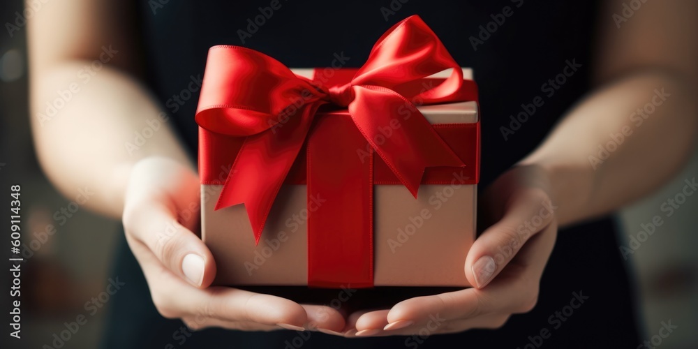 Female hands holding gift box. Copy space. Christmas, hew year, birthday concept, generative ai