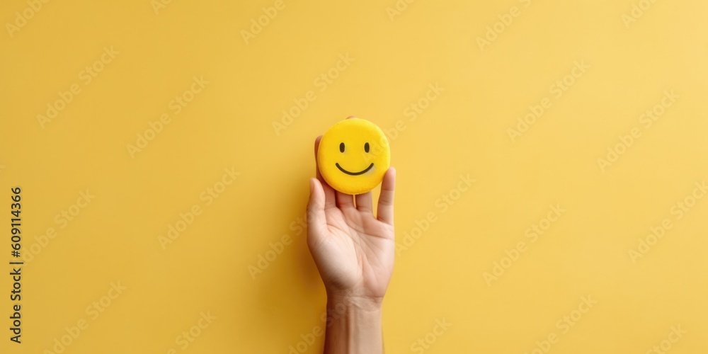 Hand holding paper cut smile face, positive thinking, mental health assessment , world mental health day concept, generative ai Hand holding paper cut smile face, positive thinking, mental health assessment , world mental health day concept, generative ai