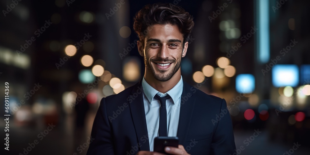 Businessman Using Smartphone Walking Through Night City Street Full of Neon Light. Smiling Stylish Man Using Mobile Phone, Social Media, Online Shopping, Texting on Dating App, generative ai