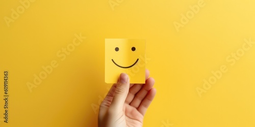 Hand holding paper cut smile face, positive thinking, mental health assessment , world mental health day concept, generative ai