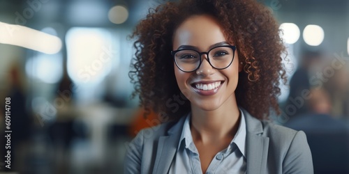 Portrait of young smiling woman looking at camera. Happy girl standing in creative office. Successful businesswoman standing in office with copy space, generative ai