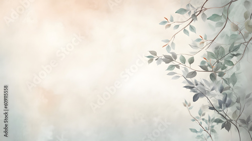 Light background wall with leaves on the side. Generative AI