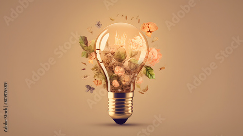 Bright lightbulb on a beige canvas shining out illustrations of ecological and technological ideas around it. Generative AI