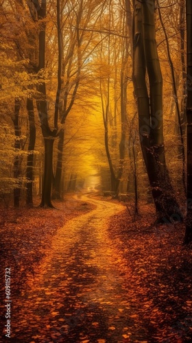 A forest path in autumn, created with Generative AI technology © mafizul_islam